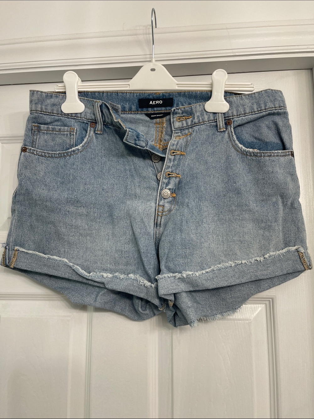 Light Blue Denim High-Rise Button Front Shorts
